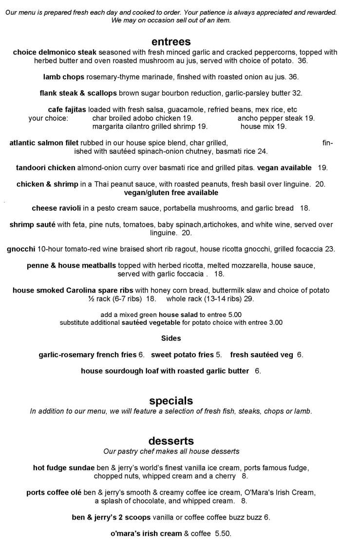 Page 2 of menu, Ports Cafe in Geneva, NY